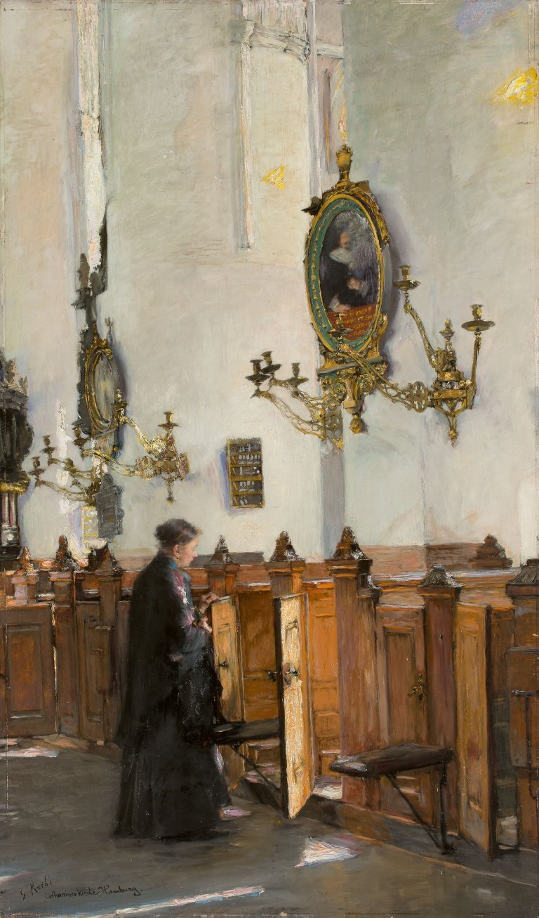 Auf diesem Bild ist das folgende Kunstwerk zu sehen: Gotthardt Kuehl. „In der Katharinenkirche in Hamburg“. Anfang 1890er Jahre.