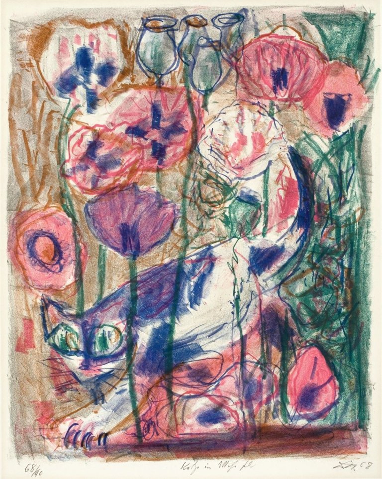 Auf diesem Bild ist das folgende Kunstwerk zu sehen: Otto Dix. „Katze im Mohnfeld“. 1968.