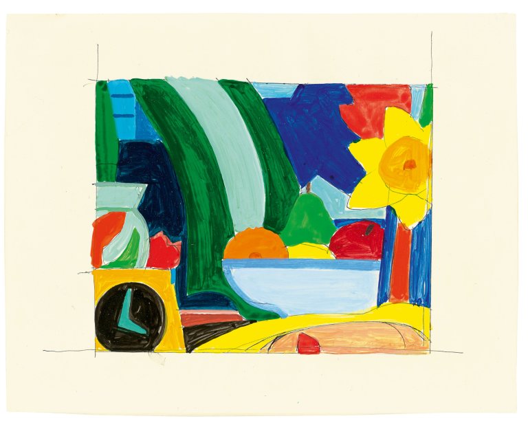 Auf diesem Bild ist das folgende Kunstwerk zu sehen: Tom Wesselmann. „Fast Sketch Still Life with face and clock“. 1998.