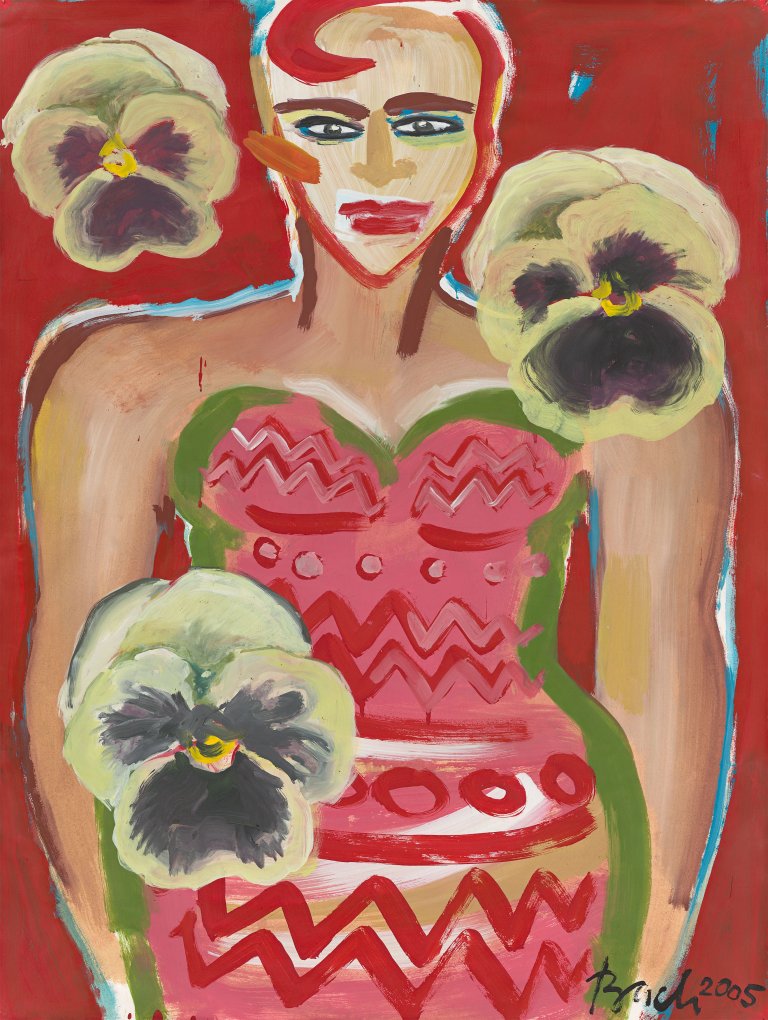 Auf diesem Bild ist das folgende Kunstwerk zu sehen: Elvira Bach. Ohne Titel (Frau mit Blumen). 2005.