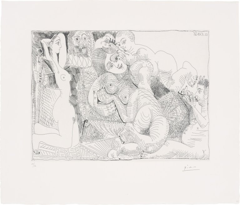 Auf diesem Bild ist das folgende Kunstwerk zu sehen: Pablo Picasso. „La vie en rose („Quand ... il me parle tout bas ...“)“. 1968.