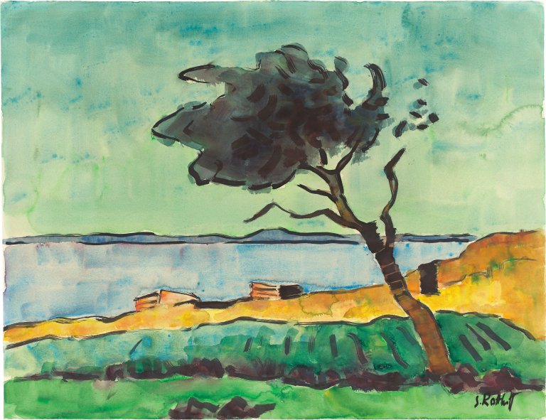 Auf diesem Bild ist das folgende Kunstwerk zu sehen: Karl Schmidt-Rottluff. „Baum am See“ (Lebasee). Um 1935.