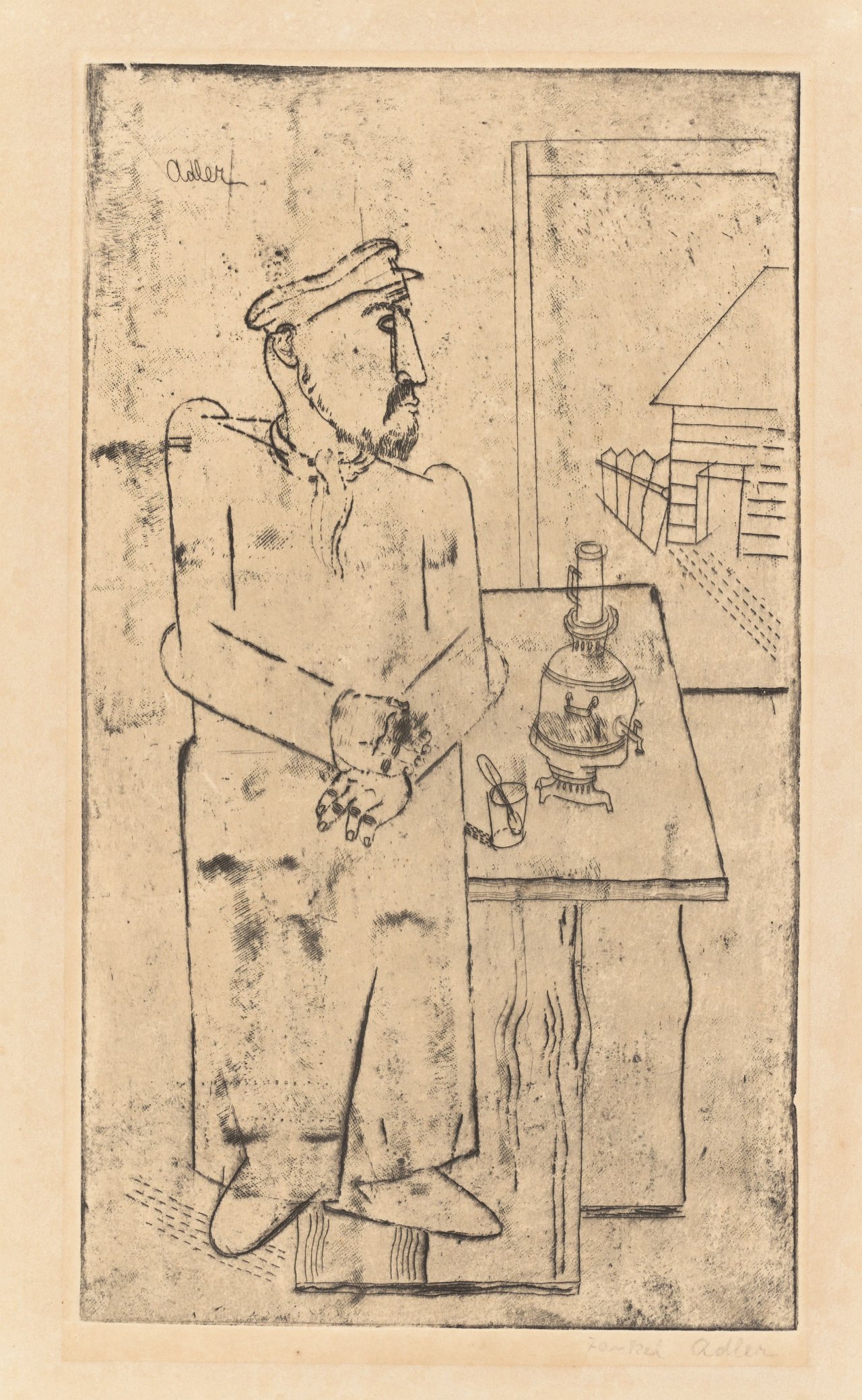 Auf diesem Bild ist das folgende Kunstwerk zu sehen: Jankel Adler. Mann mit Samowar. Um 1920.