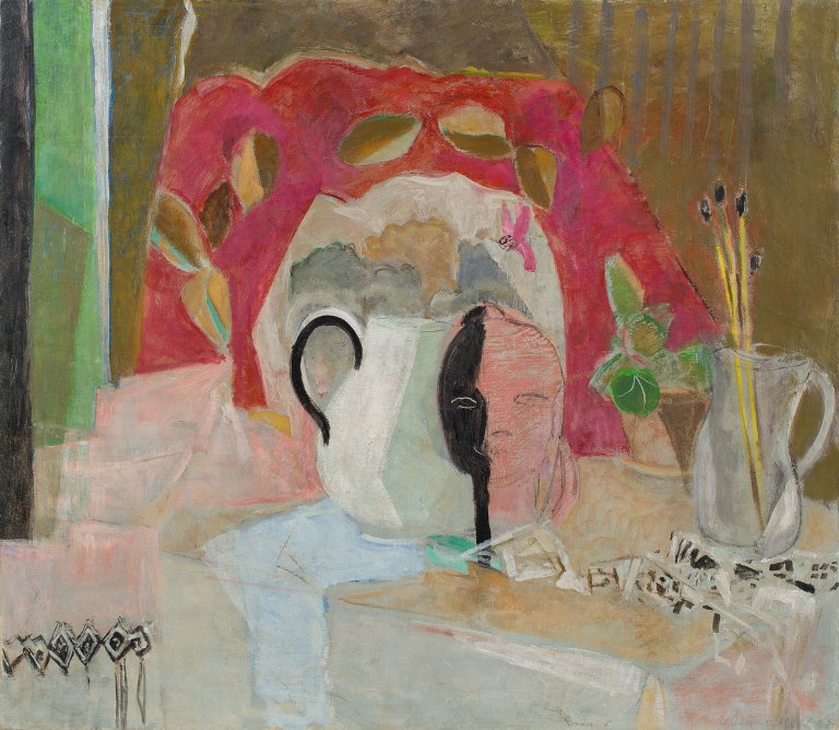 Auf diesem Bild ist das folgende Kunstwerk zu sehen: Oskar Moll. „Stilleben mit Porträtkopf Lita und Krug mit Pinseln“ („Stilleben mit Terrakotta“). 1947.