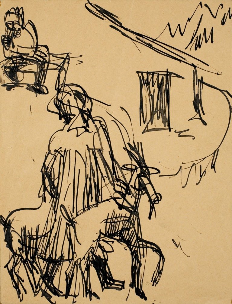Auf diesem Bild ist das folgende Kunstwerk zu sehen: Ernst Ludwig Kirchner. Berghütte mit Ziegen, Hirtin und Öhi (Oheim). Anfang der 1920er Jahre.