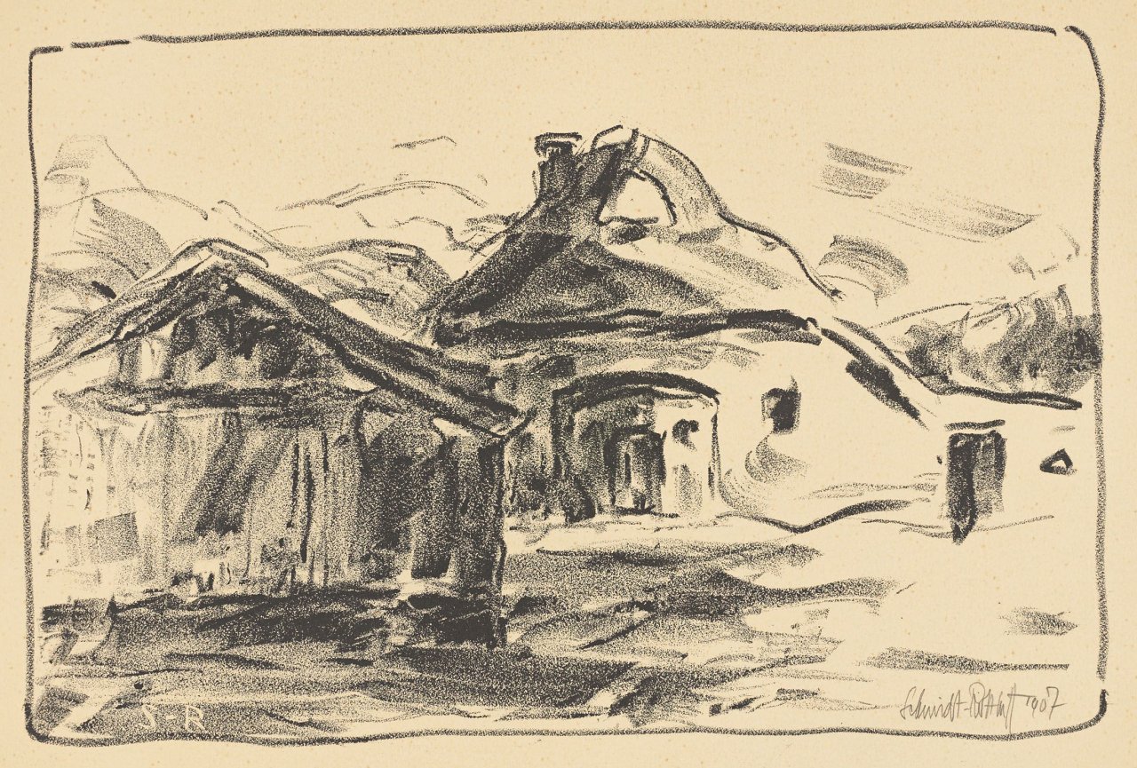 Auf diesem Bild ist das folgende Kunstwerk zu sehen: Karl Schmidt-Rottluff. „Gehöft im Moor (Motiv aus Dangaster Moor)“. 1907.