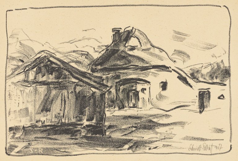 Auf diesem Bild ist das folgende Kunstwerk zu sehen: Karl Schmidt-Rottluff. „Gehöft im Moor (Motiv aus Dangaster Moor)“. 1907.