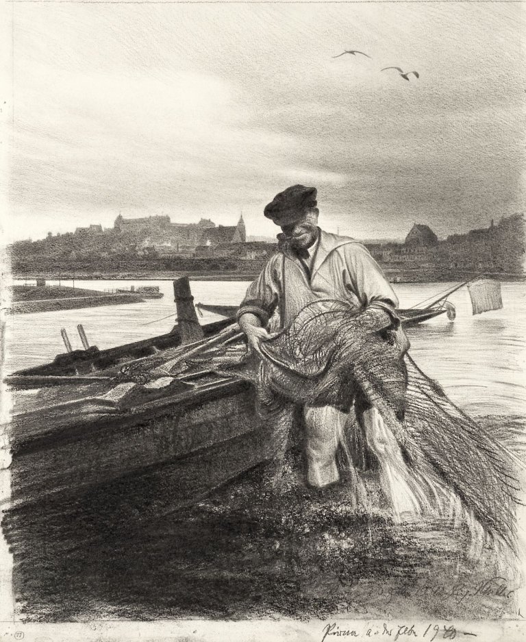 Auf diesem Bild ist das folgende Kunstwerk zu sehen: Richard Müller. „Fischer bei Pirna an der Elbe“. 1940.
