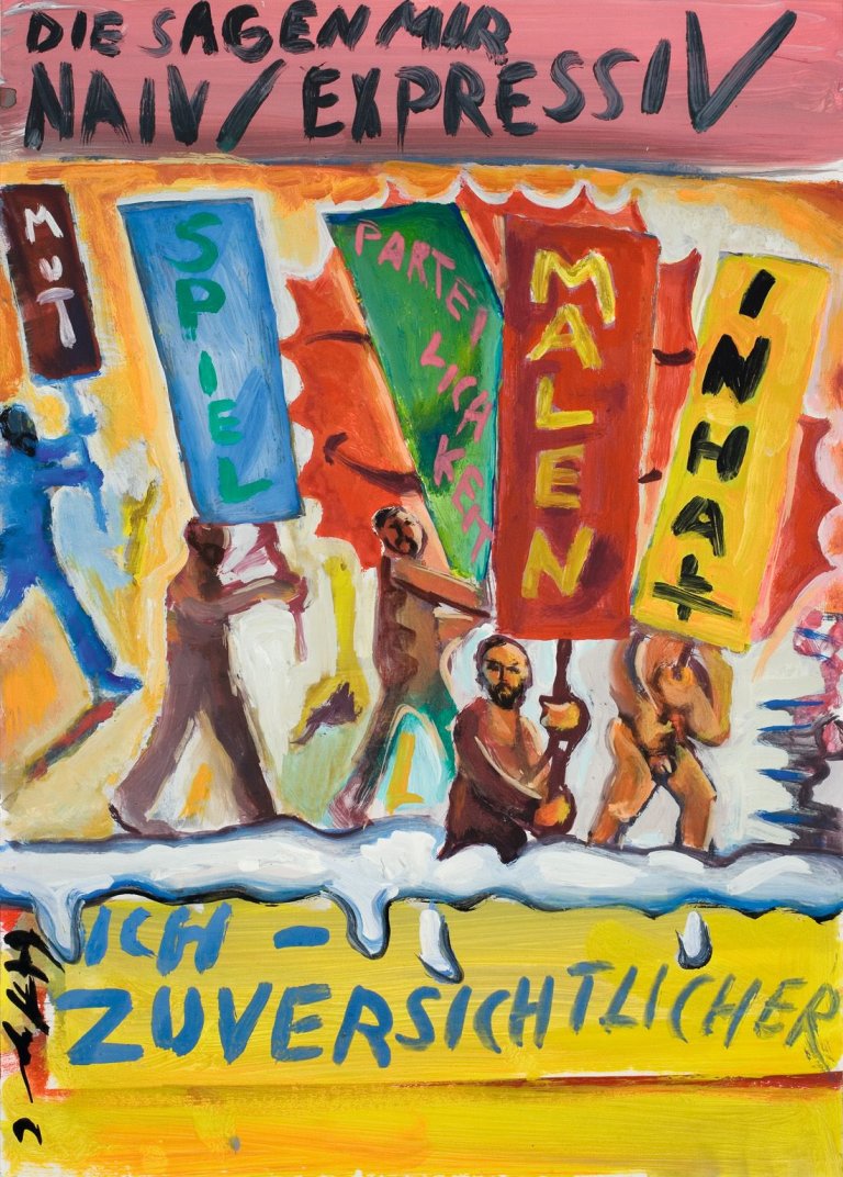 Auf diesem Bild ist das folgende Kunstwerk zu sehen: Jörg Immendorff. „Die sagen mir naiv / expressiv“. 1979.