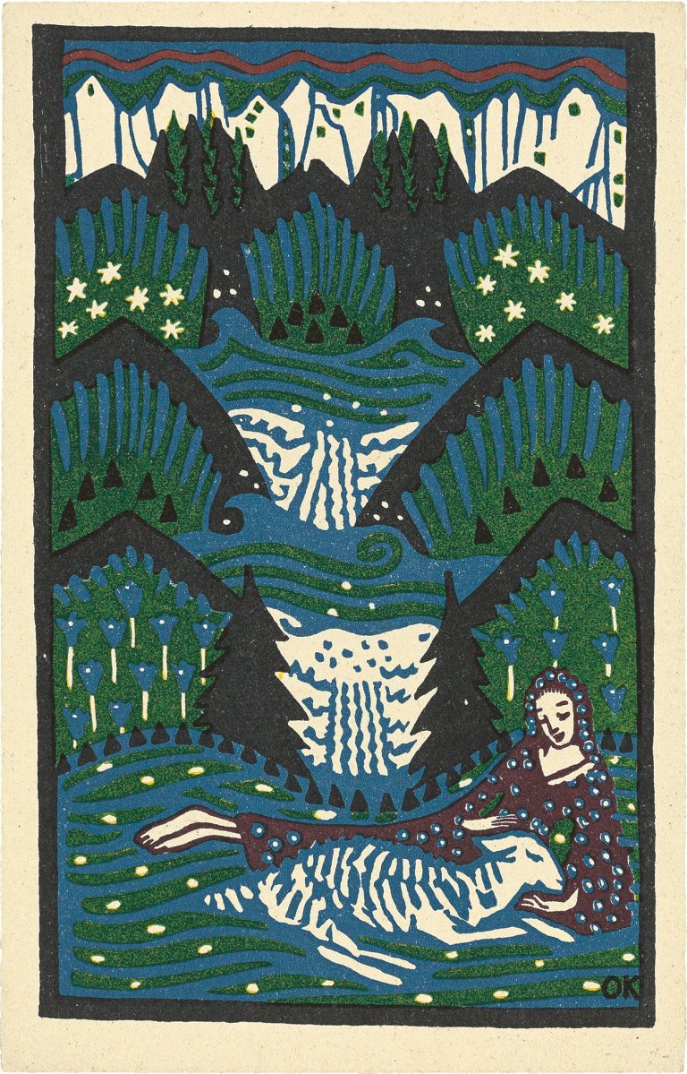 Auf diesem Bild ist das folgende Kunstwerk zu sehen: Oskar Kokoschka. „Mädchen mit Schaf auf Bergwiese“ / „Reiter und Segelschiff“ / „Mutter mit drei Kindern“. 1906–1908.