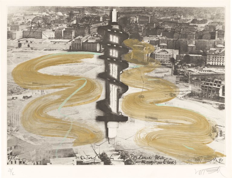 Auf diesem Bild ist das folgende Kunstwerk zu sehen: Wolf Vostell. „Entwurf für den Potsdamer Platz (Wolkenkratzer 300 m hoch)“. 1991.