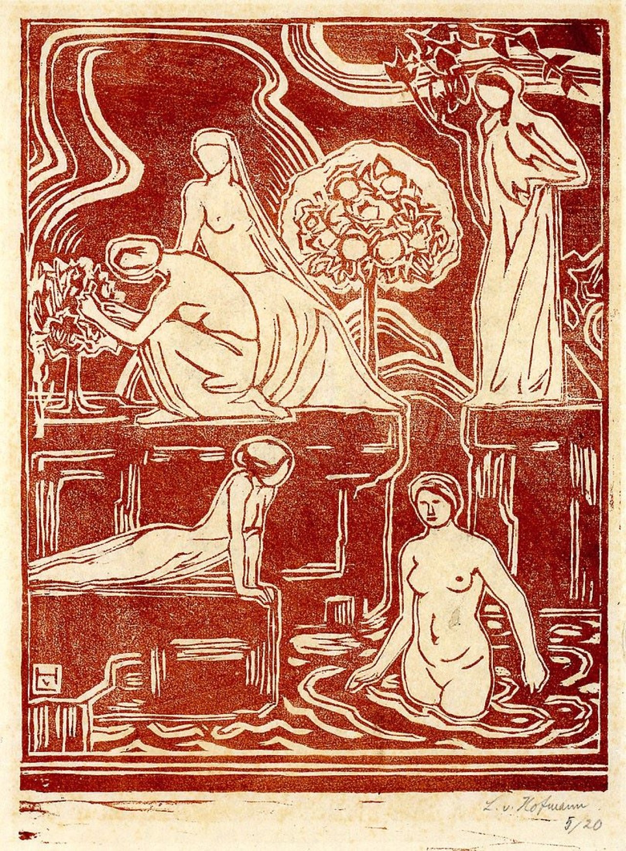 Auf diesem Bild ist das folgende Kunstwerk zu sehen: Ludwig von Hofmann. Fünf Frauen am Wasser. 1910-1914.