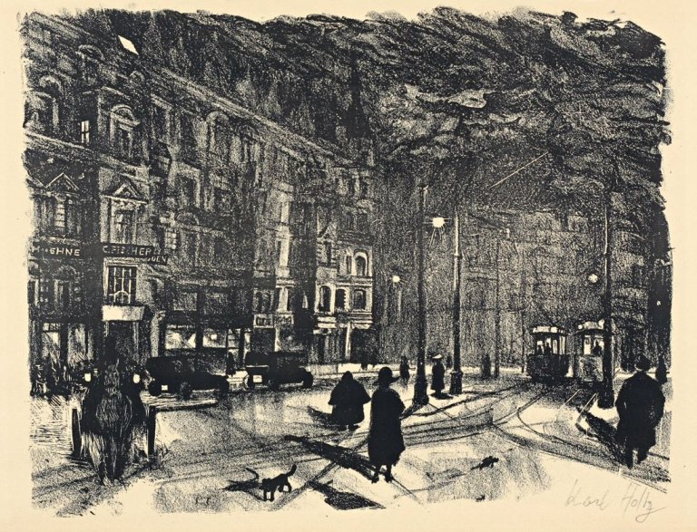 Auf diesem Bild ist das folgende Kunstwerk zu sehen: Karl Holtz. Nollendorfplatz bei Nacht. 1921.