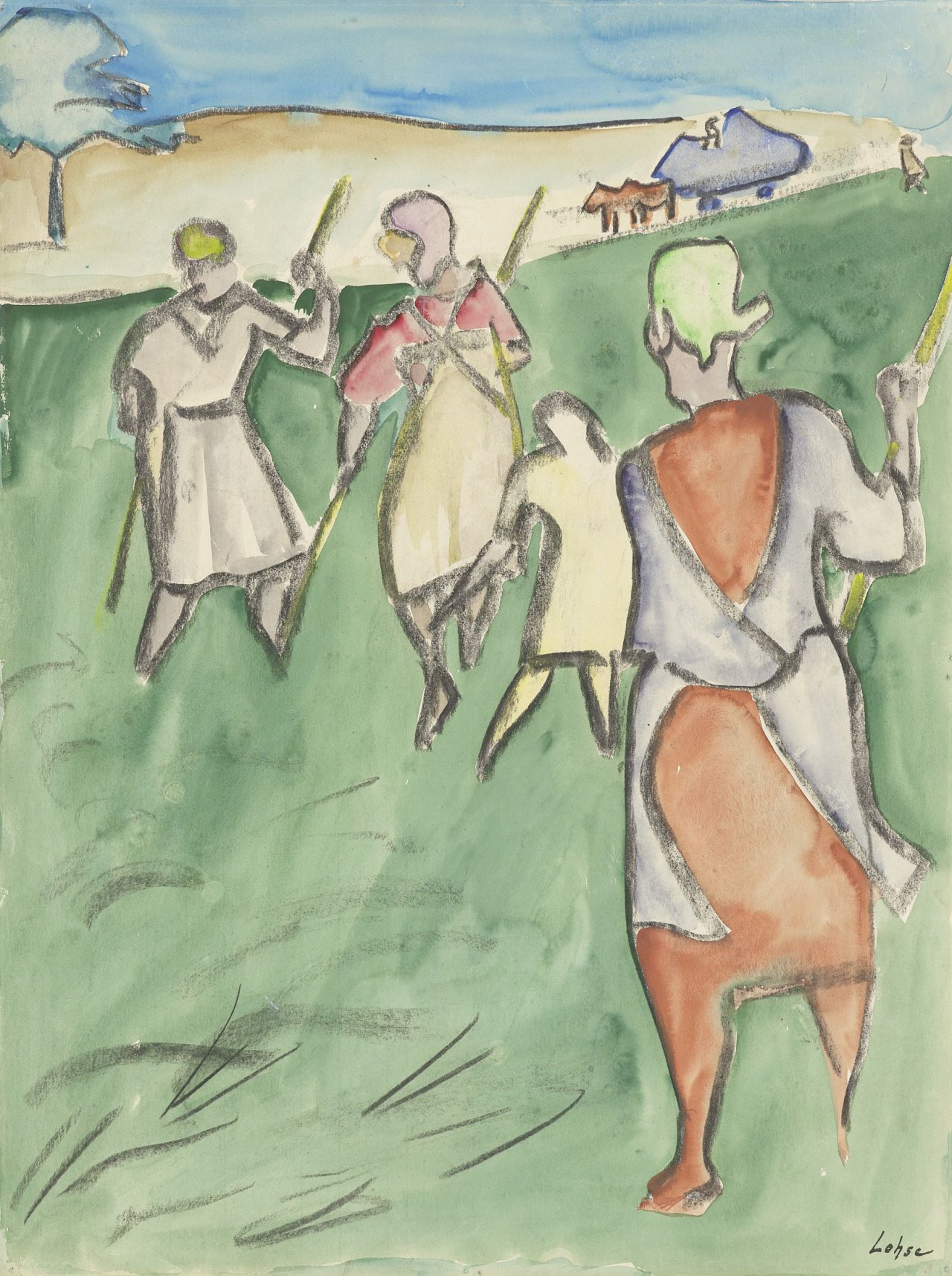 Auf diesem Bild ist das folgende Kunstwerk zu sehen: Carl Lohse. Beim Heuen. Um 1930.