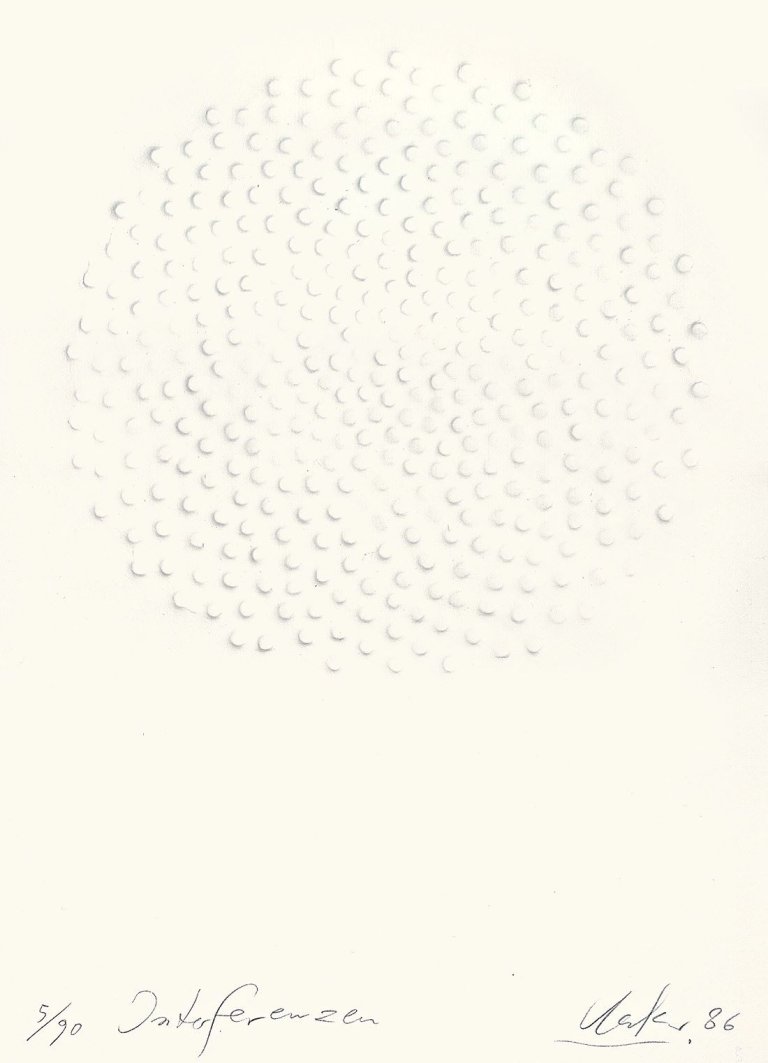 Auf diesem Bild ist das folgende Kunstwerk zu sehen: Günther Uecker. „Interferenzen“ / „Reihung“ / „Feld“. 1986/1987/1988.