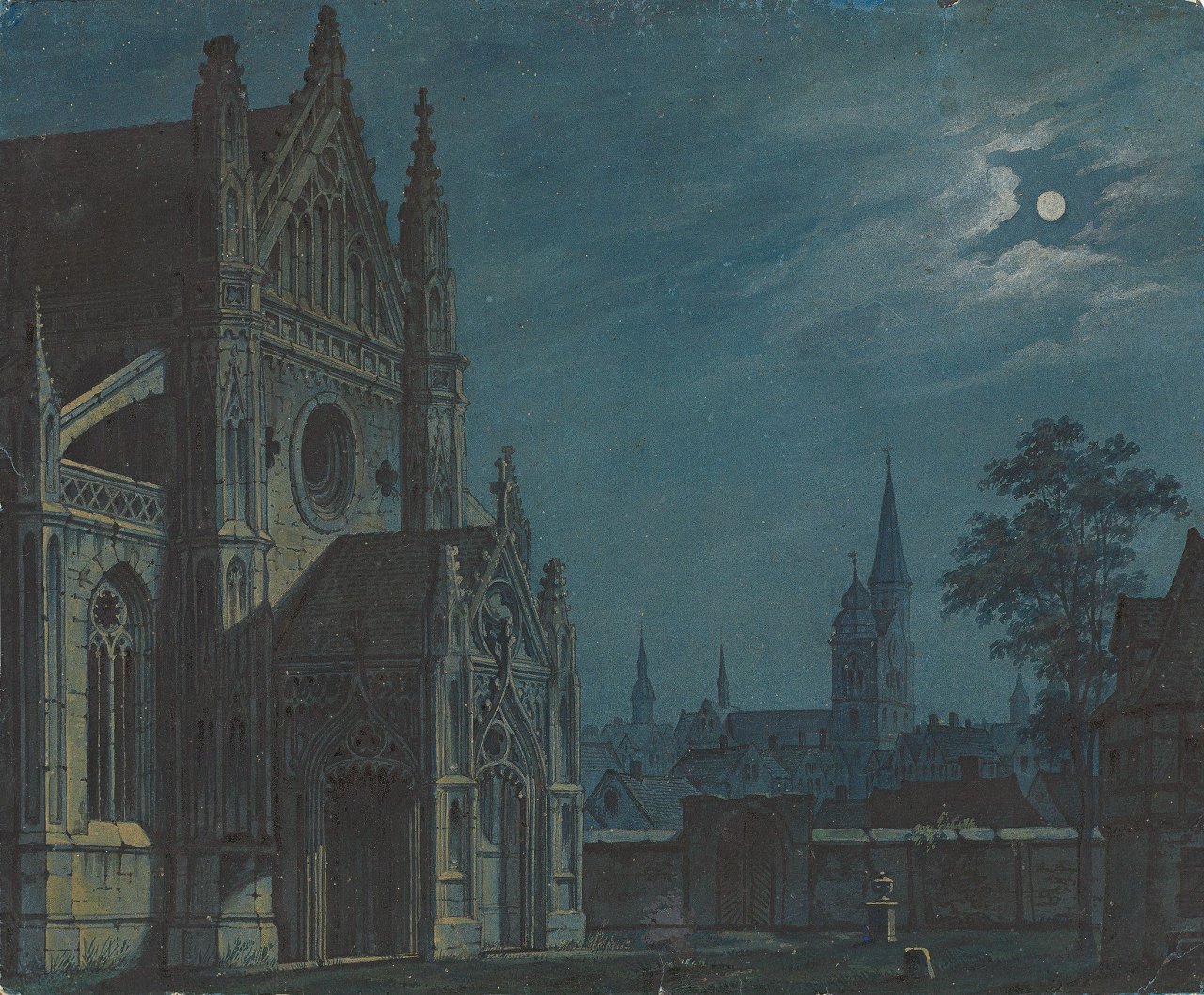 This picture shows the following artwork: Carl Gustav Carus. Moonlit square in front of a gothic church.