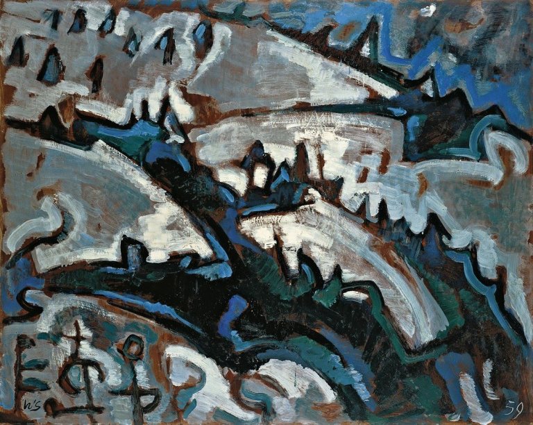 Auf diesem Bild ist das folgende Kunstwerk zu sehen: Werner Scholz. „Inneralpbach“. 1959.