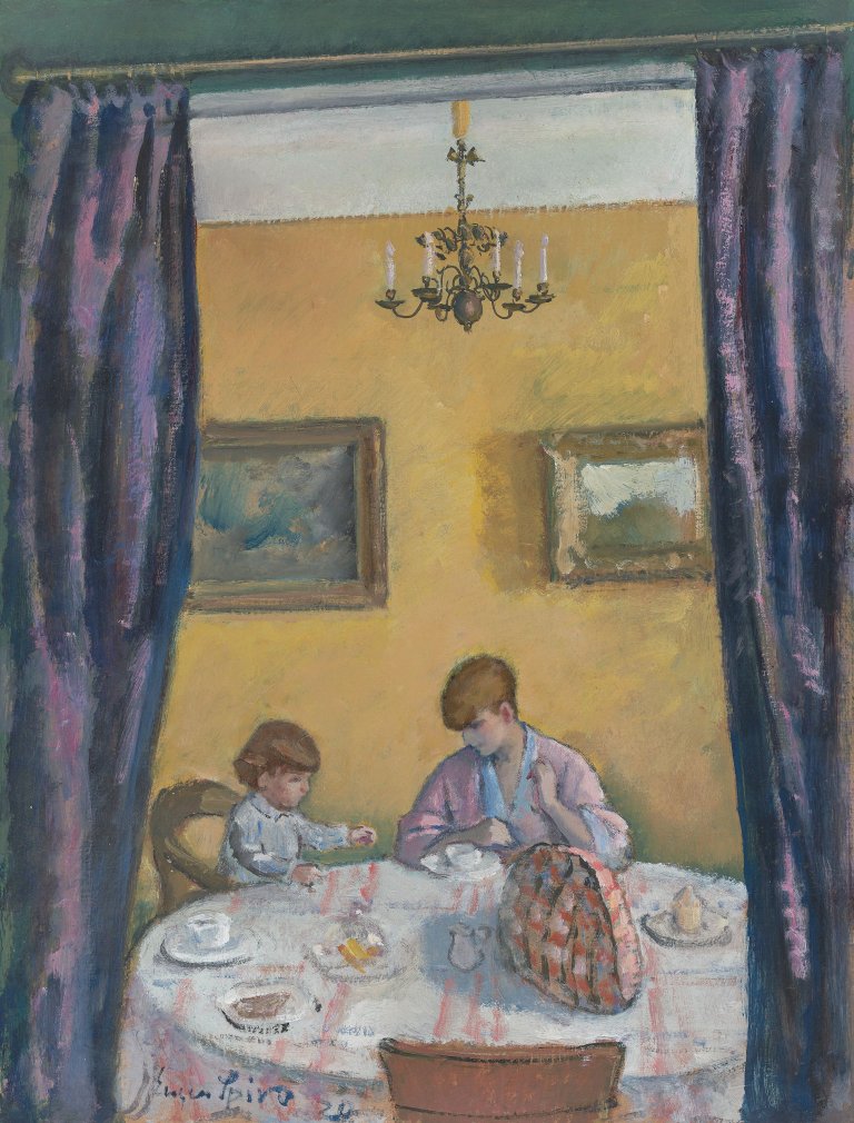 Auf diesem Bild ist das folgende Kunstwerk zu sehen: Eugen Spiro. Beim Frühstück (Die Familie des Künstlers). 1920.
