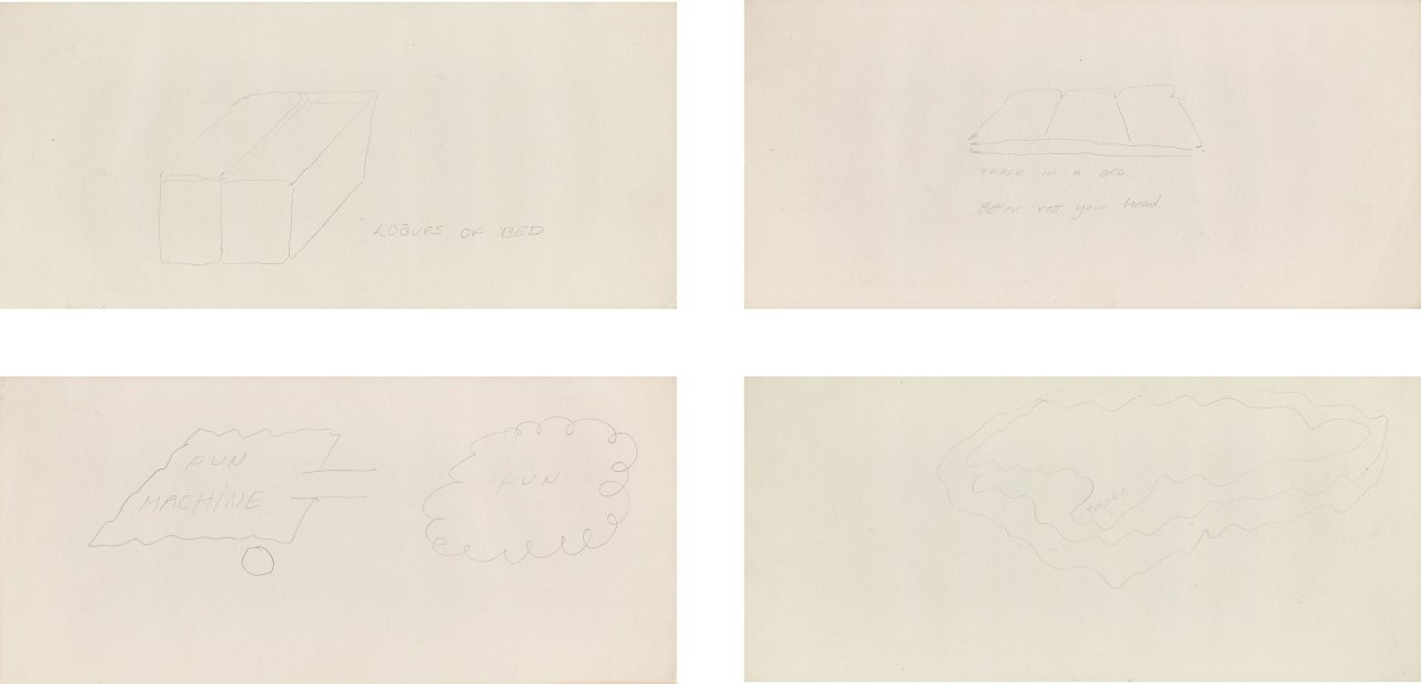 Auf diesem Bild ist das folgende Kunstwerk zu sehen: Walter de Maria. „Loaves of bed“ / „There in a Bed - Better rest your head“ / „Pun Machine“ / „Smoke“ (aus der Serie: „Invisible Drawings“). 1961.