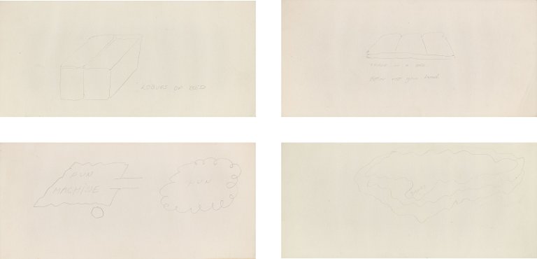 Auf diesem Bild ist das folgende Kunstwerk zu sehen: Walter de Maria. „Loaves of bed“ / „There in a Bed - Better rest your head“ / „Pun Machine“ / „Smoke“ (aus der Serie: „Invisible Drawings“). 1961.