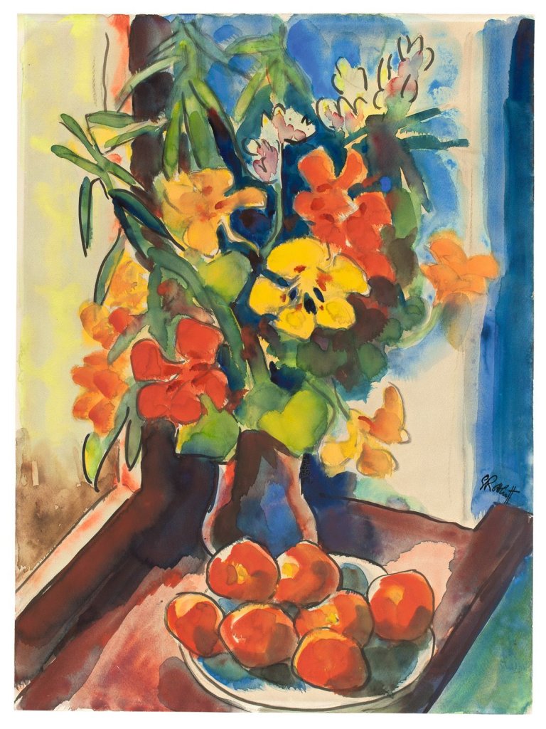 Auf diesem Bild ist das folgende Kunstwerk zu sehen: Karl Schmidt-Rottluff. Sommerblumen mit Obstschale. Anfang 1930er Jahre.