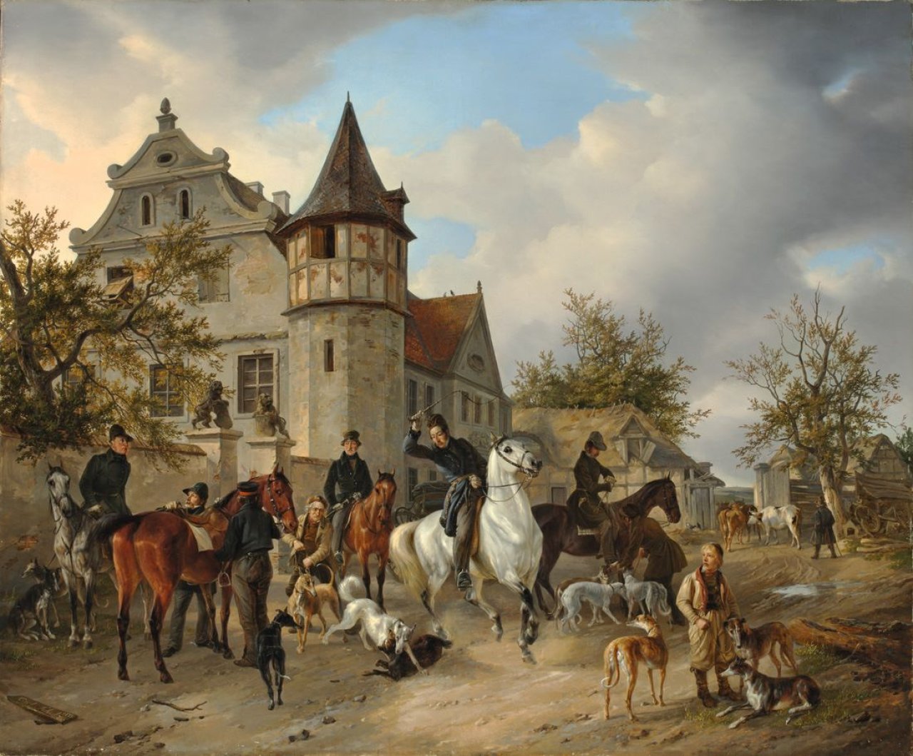 Auf diesem Bild ist das folgende Kunstwerk zu sehen: Carl Friedrich Schulz. Aufbruch zur Jagd. 1833.