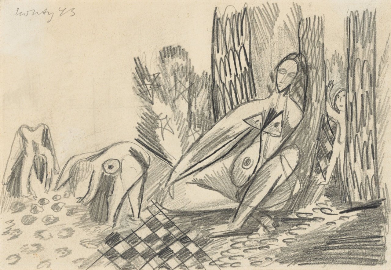 Auf diesem Bild ist das folgende Kunstwerk zu sehen: Ernst Wilhelm Nay. Mutter mit Kindern am Waldesrand. 1943.