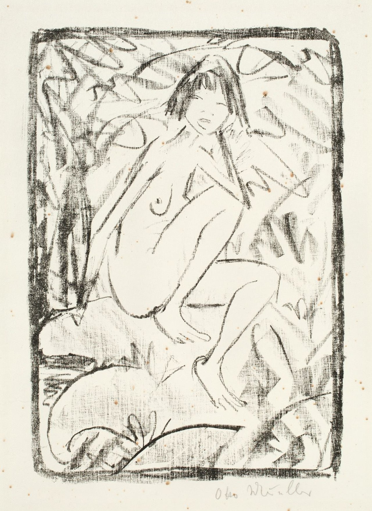 This picture shows the following artwork: Otto Mueller. „Sitzende, von Blattwerk umgeben (helle Fassung)“. 1923.