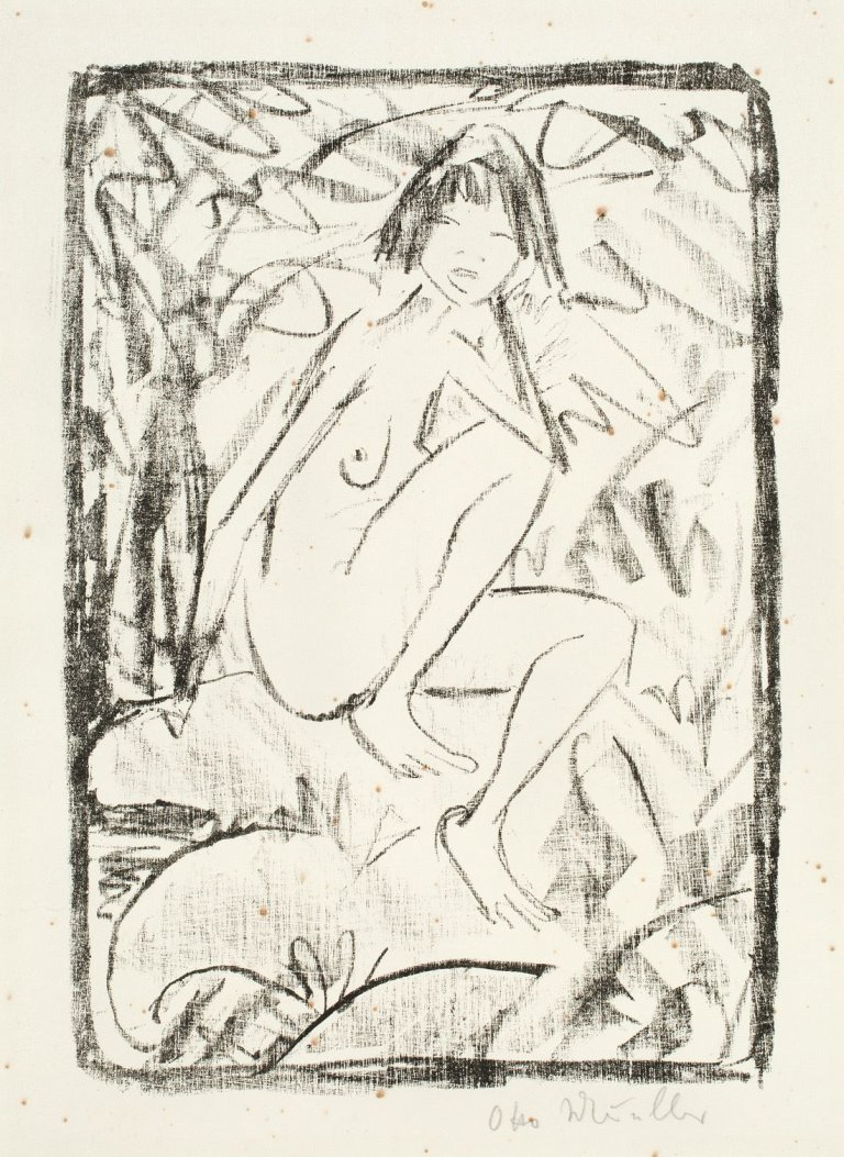 Auf diesem Bild ist das folgende Kunstwerk zu sehen: Otto Mueller. „Sitzende, von Blattwerk umgeben (helle Fassung)“. 1923.