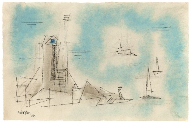Auf diesem Bild ist das folgende Kunstwerk zu sehen: Lyonel Feininger. Am Hafen. 1954.