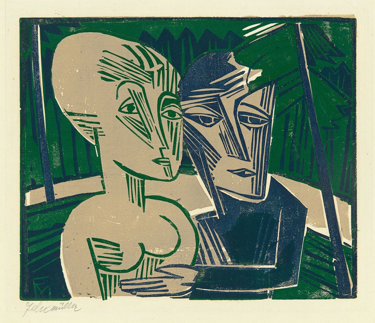 Auf diesem Bild ist das folgende Kunstwerk zu sehen: Conrad Felixmüller. „Menschen im Wald“. 1918.