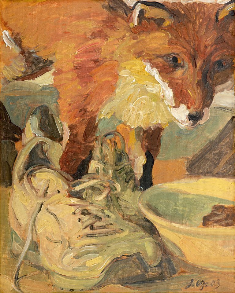 Auf diesem Bild ist das folgende Kunstwerk zu sehen: Johannes Grützke. Ohne Titel (Fuchs und Turnschuh). 2003.