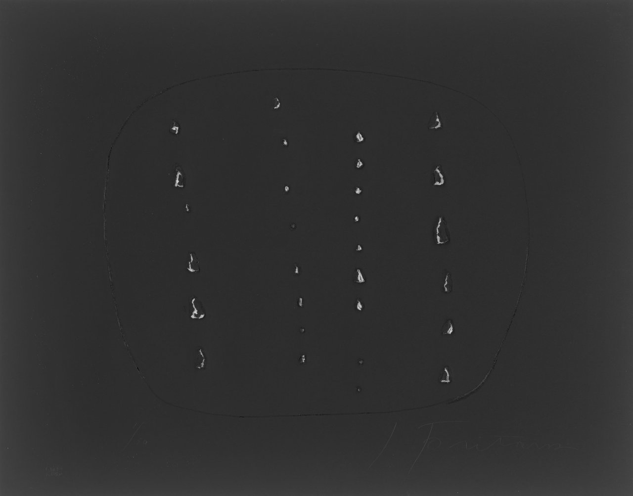 Auf diesem Bild ist das folgende Kunstwerk zu sehen: Lucio Fontana. Concetto Spaziale, aus dem Portfolio „Sei acquaforti originali di Lucio Fontana“. 1964.