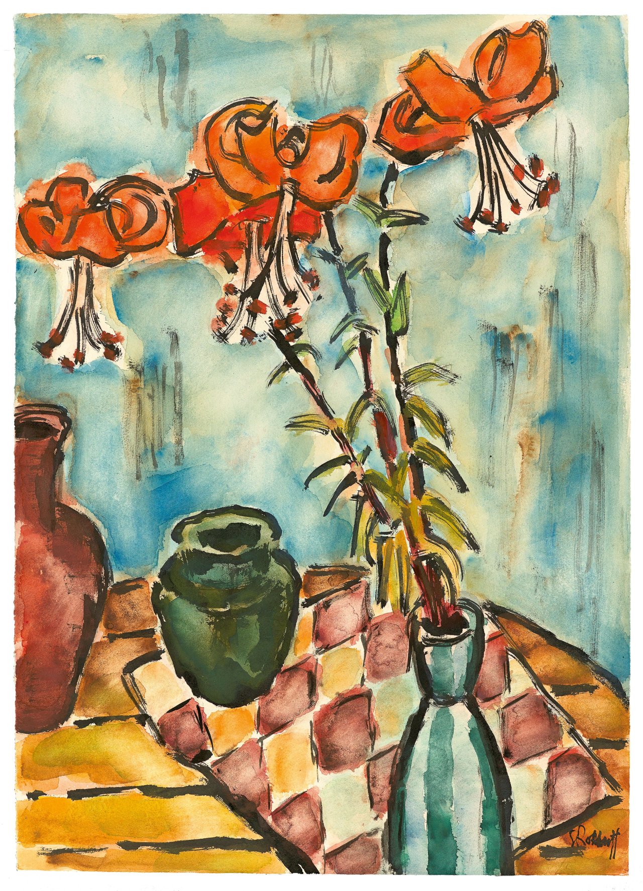 Auf diesem Bild ist das folgende Kunstwerk zu sehen: Karl Schmidt-Rottluff. „Feuerlilien“. 1963.