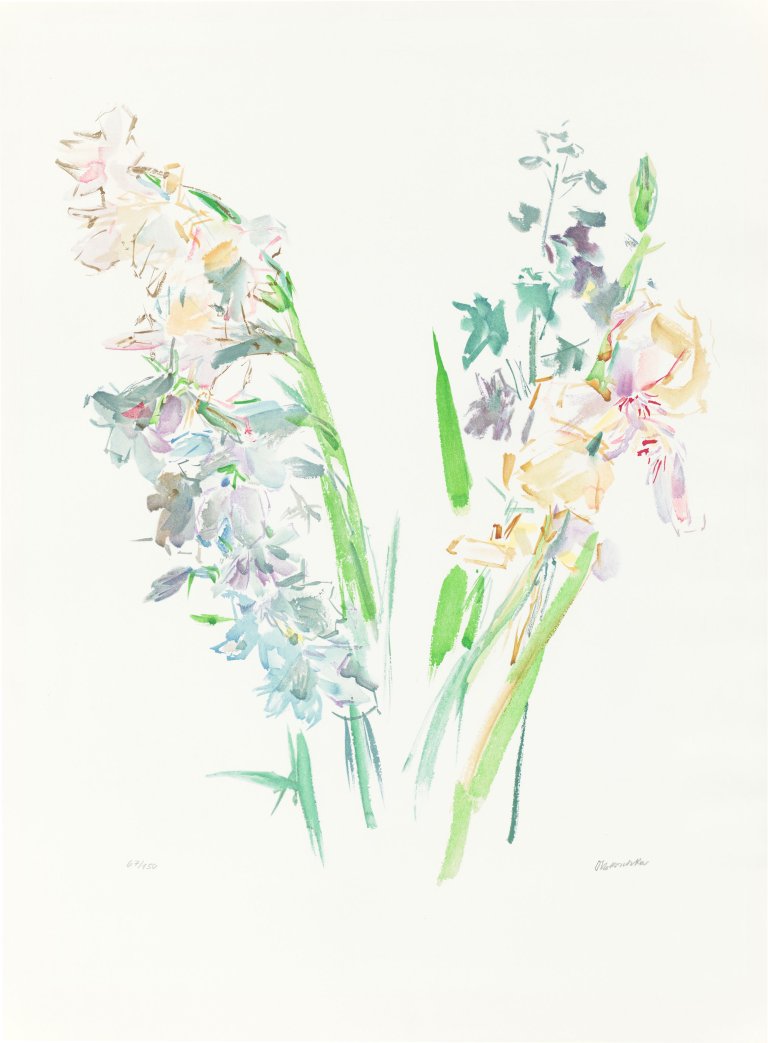 Auf diesem Bild ist das folgende Kunstwerk zu sehen: Oskar Kokoschka. Lilien und Rittersporn. Um 1969/75.