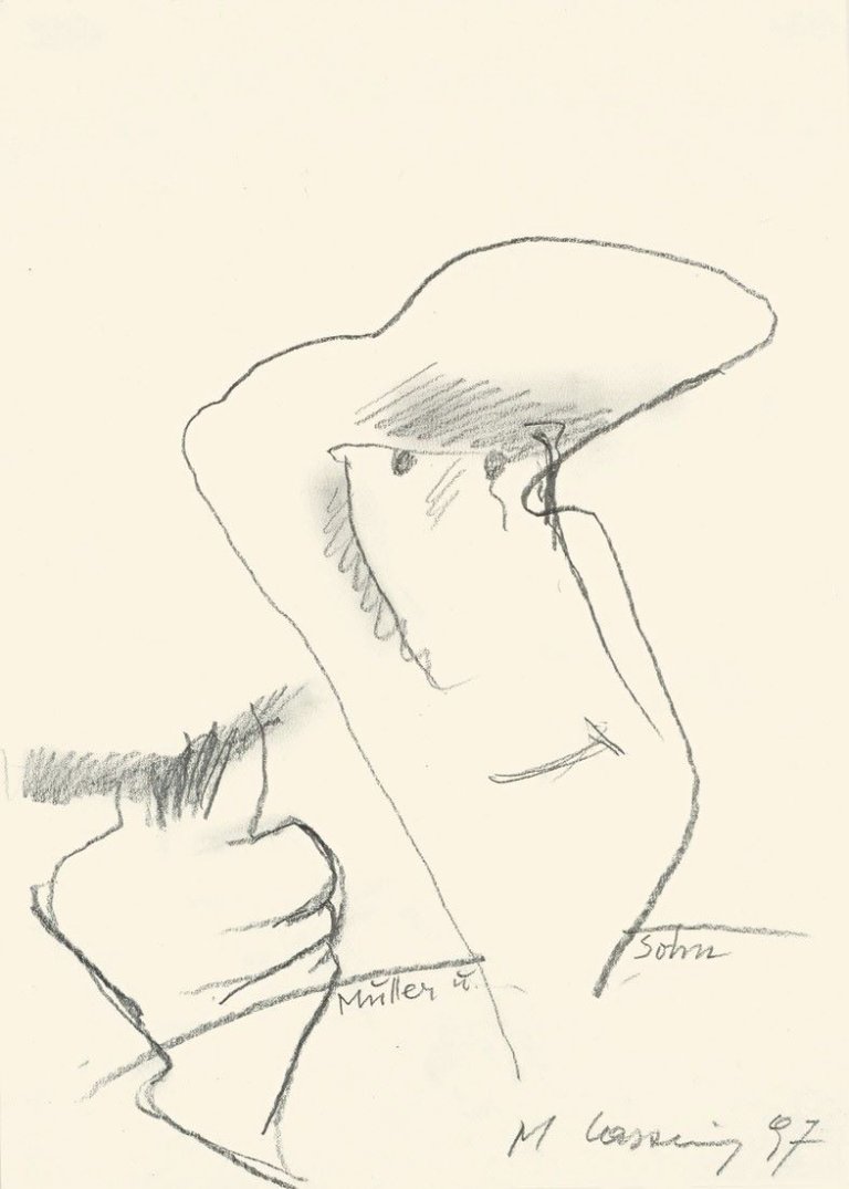 Auf diesem Bild ist das folgende Kunstwerk zu sehen: Maria Lassnig. „Mutter und Sohn“. 1997.