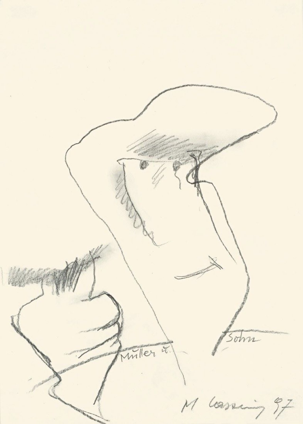 Auf diesem Bild ist das folgende Kunstwerk zu sehen: Maria Lassnig. „Mutter und Sohn“. 1997.