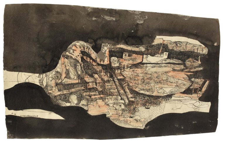 Auf diesem Bild ist das folgende Kunstwerk zu sehen: Gerhard Altenbourg. „Landschaftsausschnitt“. 1956.