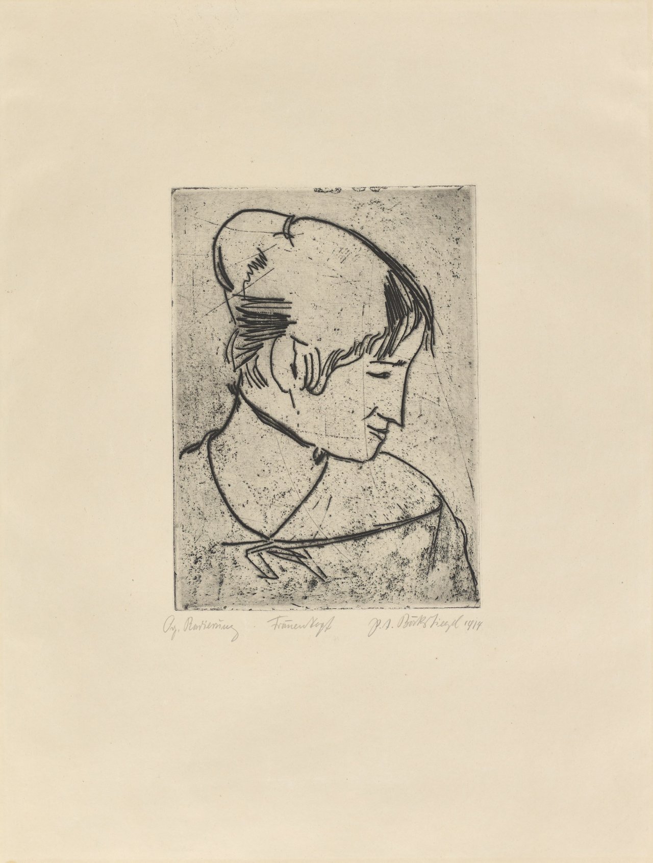 Auf diesem Bild ist das folgende Kunstwerk zu sehen: Peter August Böckstiegel. „Frauenkopf im Profil nach rechts“. 1913/14.