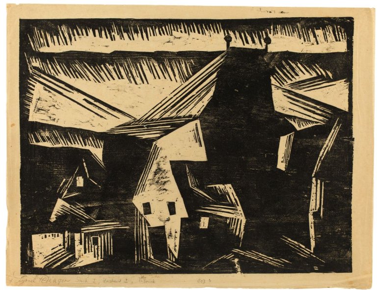 Auf diesem Bild ist das folgende Kunstwerk zu sehen: Lyonel Feininger. „Thüringisches Dorf“. 1918.