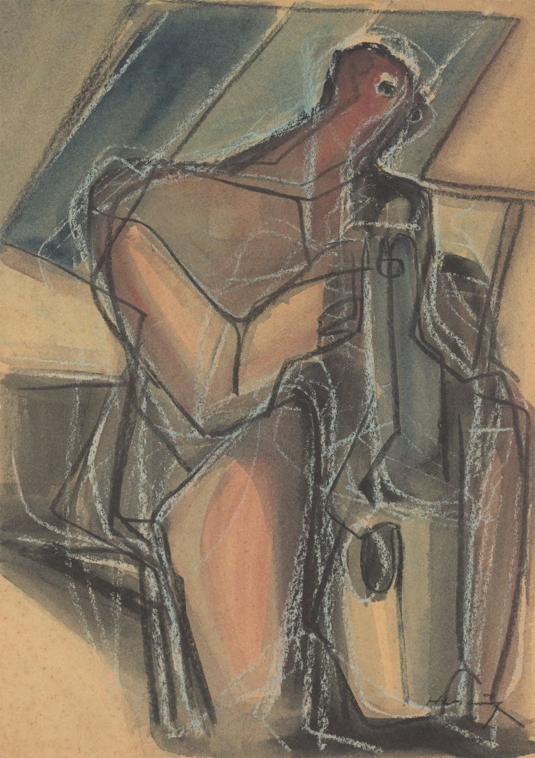 Auf diesem Bild ist das folgende Kunstwerk zu sehen: Karl Hartung. Bildhauer im Atelier. Um 1947/48.