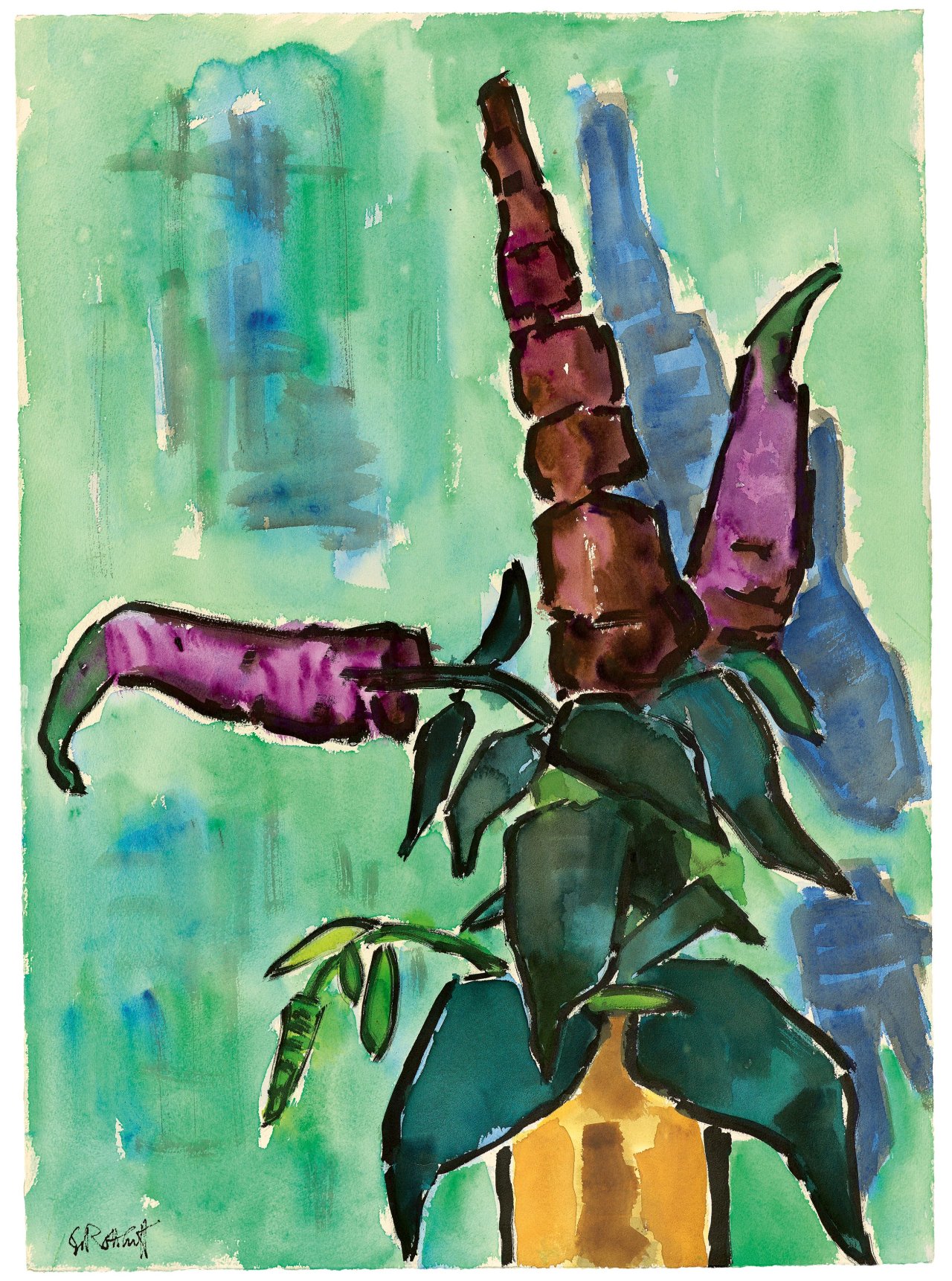 Auf diesem Bild ist das folgende Kunstwerk zu sehen: Karl Schmidt-Rottluff. „Bodleia vor grünem Grund“. 1960.