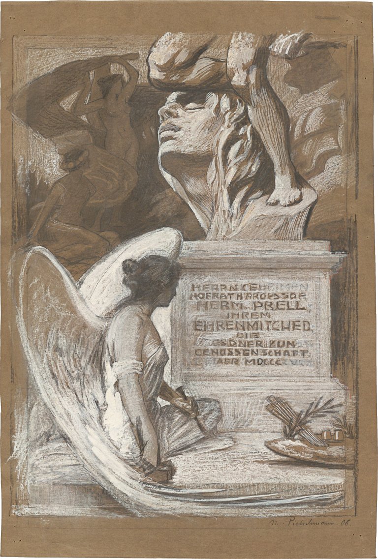 Auf diesem Bild ist das folgende Kunstwerk zu sehen: Max Pietschmann. Entwurf eines Denkmals der Dresdner Kunstgenossenschaft für Hermann Prell. 1906.