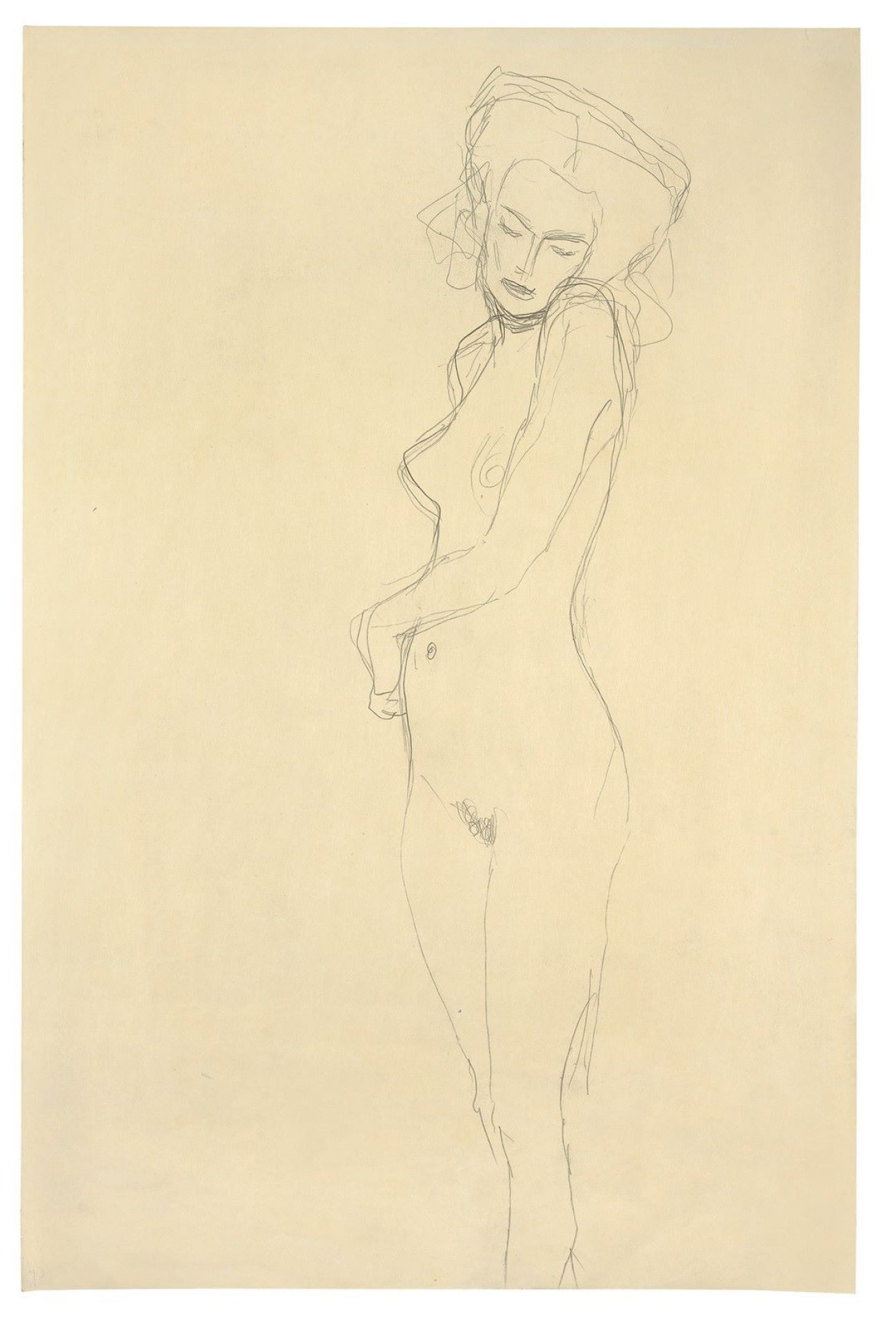 This picture shows the following artwork: Gustav Klimt. „Etwas nach links stehender Akt, linke Schulter in die Höhe gezogen“. 1906/07.