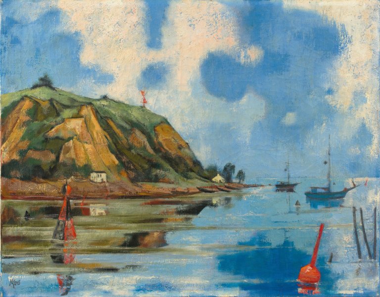 Auf diesem Bild ist das folgende Kunstwerk zu sehen: Max Kaus. „Hafenlandschaft“ („Am Haff (Lebbin)“). Um 1931.