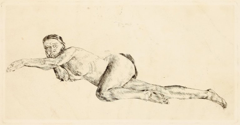Auf diesem Bild ist das folgende Kunstwerk zu sehen: Lotte Laserstein. „Liegender weiblicher Akt, nach links“. Um 1926.