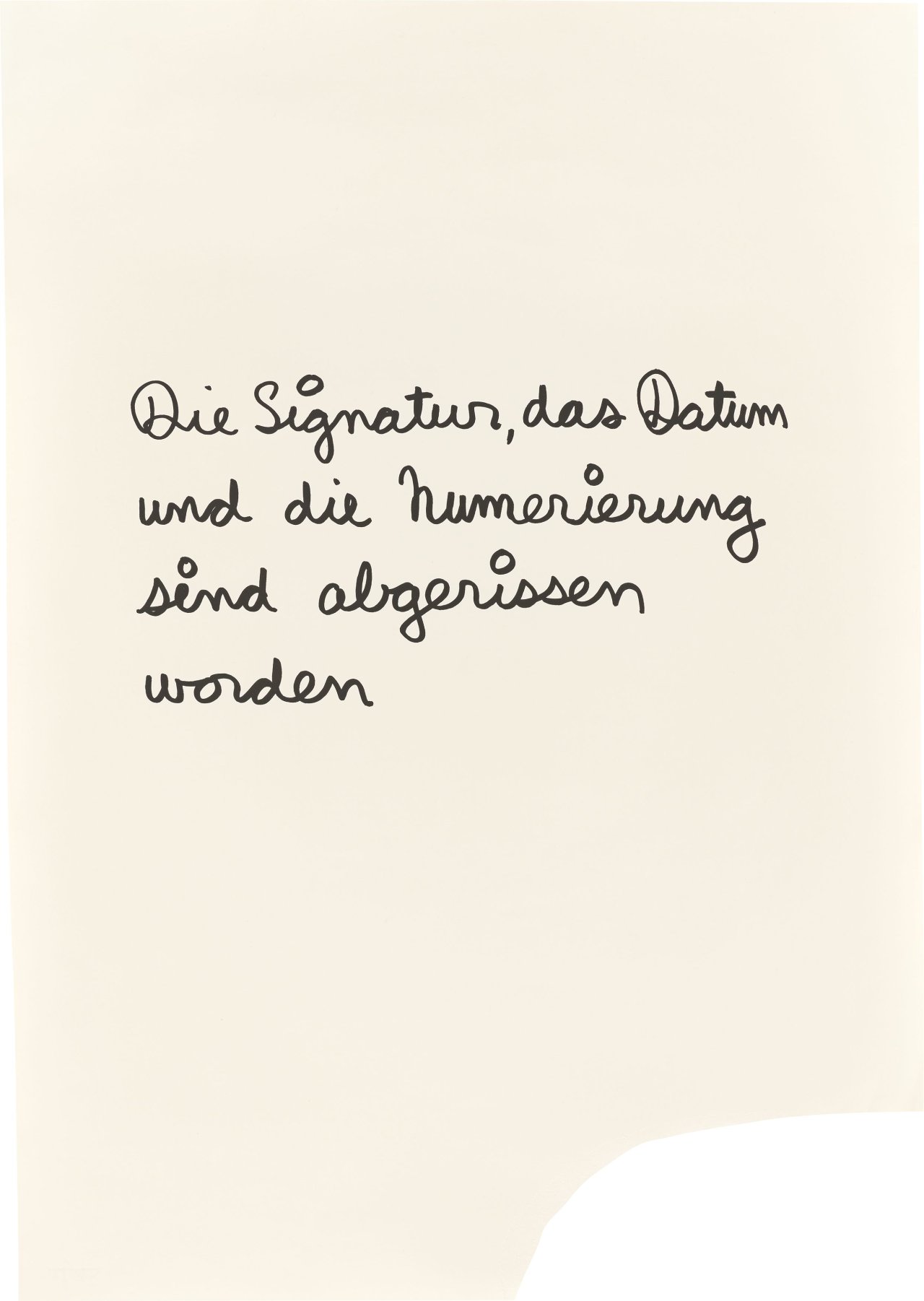 Auf diesem Bild ist das folgende Kunstwerk zu sehen: Ben Vautier. „Die Signatur, das Datum und die Nummerierung sind abgerissen worden“. 1973.