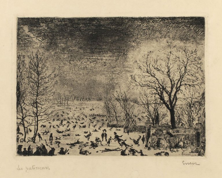 Auf diesem Bild ist das folgende Kunstwerk zu sehen: James Ensor. „Les patineurs“. 1889.