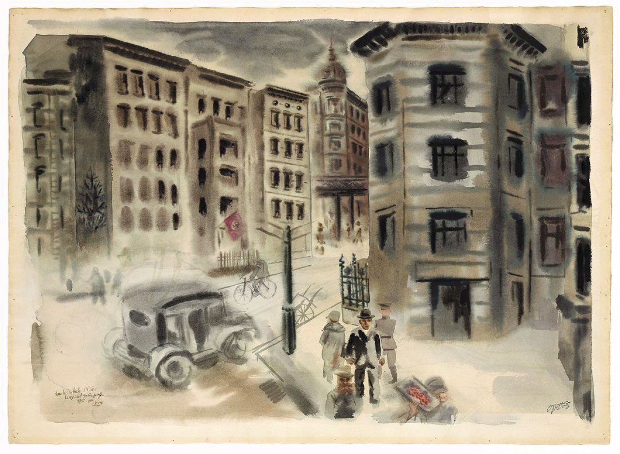 Auf diesem Bild ist das folgende Kunstwerk zu sehen: George Grosz. Berliner Straßenszene. (Vor) 1932.