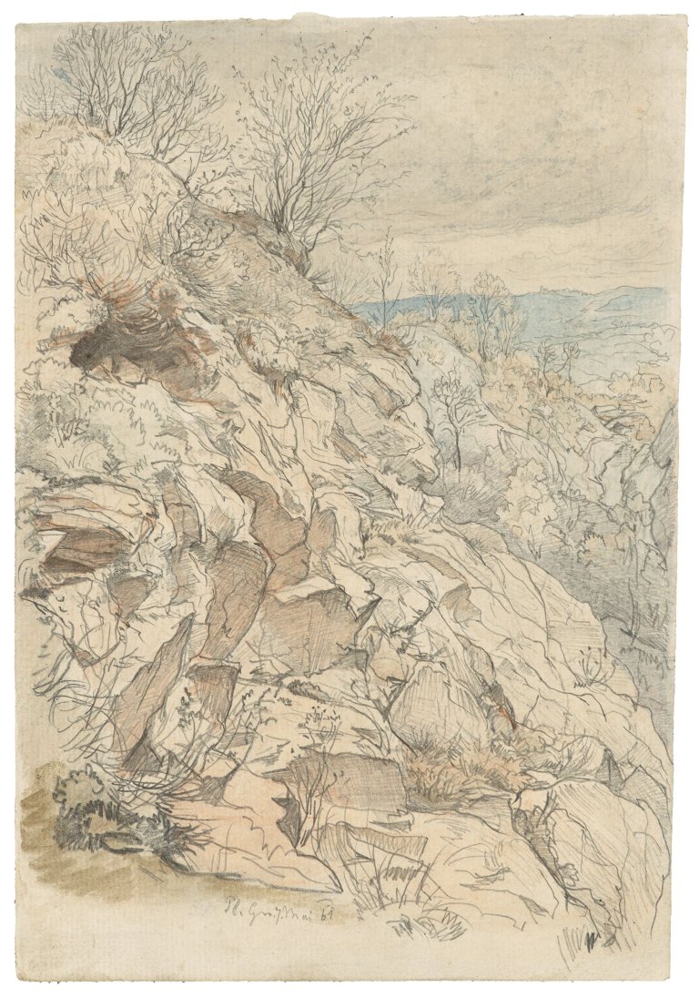 Auf diesem Bild ist das folgende Kunstwerk zu sehen: Carl Wilhelm Müller. Felsen im Plauenschen Grund. 1861.